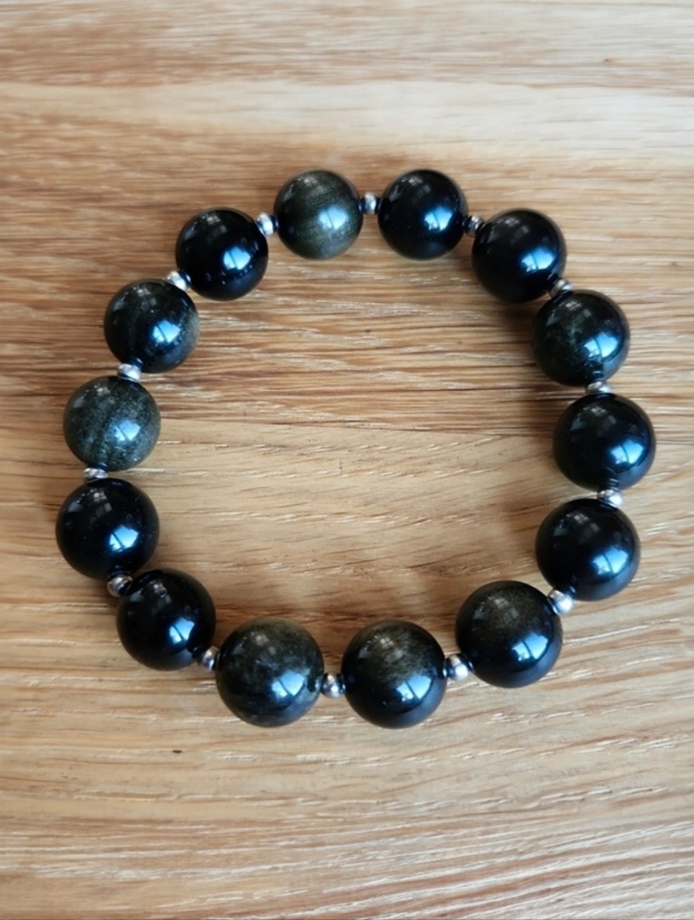 Golden Black Obsidian Beaded Stretch Bracelet - Handmade